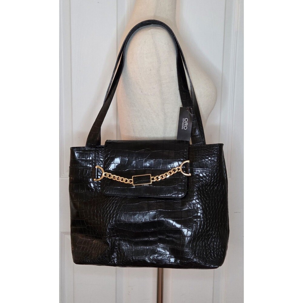 ORO Vittadini Crocodile Embos. Satchel Tote Shoulder Bag NWOT Black Leather Lg